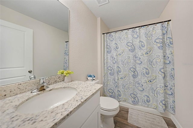 bathroom featuring toilet, large vanity, and wood-type flooring