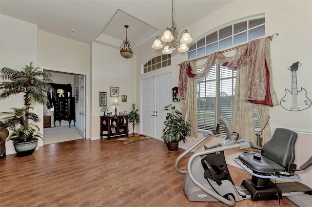 interior space with a raised ceiling, a towering ceiling, a notable chandelier, and light wood-type flooring