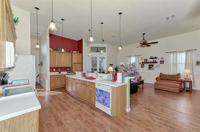 kitchen featuring white appliances, ceiling fan, light wood-type flooring, and pendant lighting