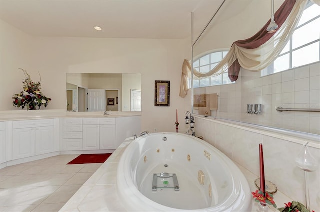 bathroom featuring dual bowl vanity and tile flooring