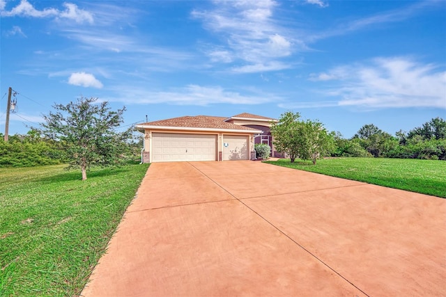 ranch-style home with a front yard and a garage