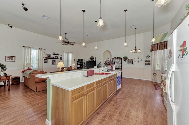 kitchen with hanging light fixtures, ceiling fan, a healthy amount of sunlight, and light wood-type flooring