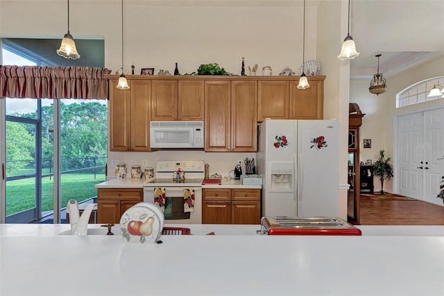 kitchen featuring pendant lighting, hardwood / wood-style floors, white appliances, and a wealth of natural light