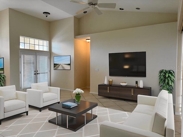 tiled living room with ceiling fan, french doors, and high vaulted ceiling