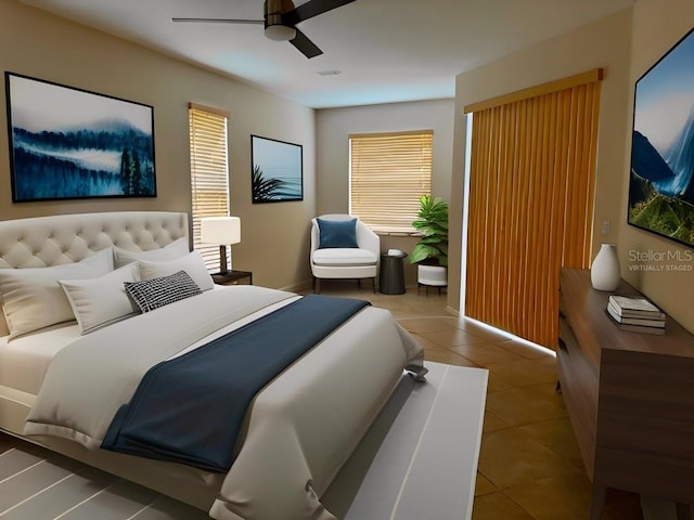 bedroom featuring ceiling fan and light tile patterned flooring