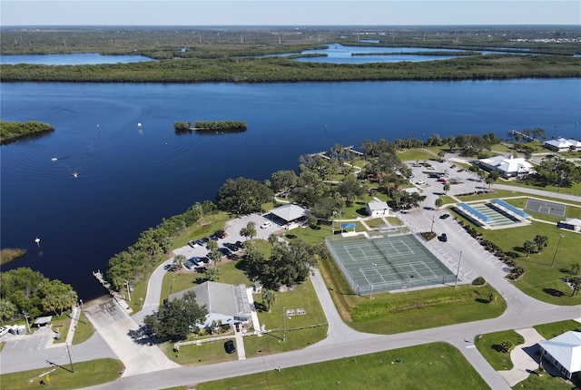 bird's eye view with a water view