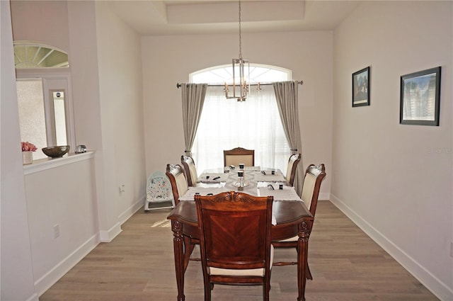 dining space featuring a raised ceiling, an inviting chandelier, and light wood-type flooring