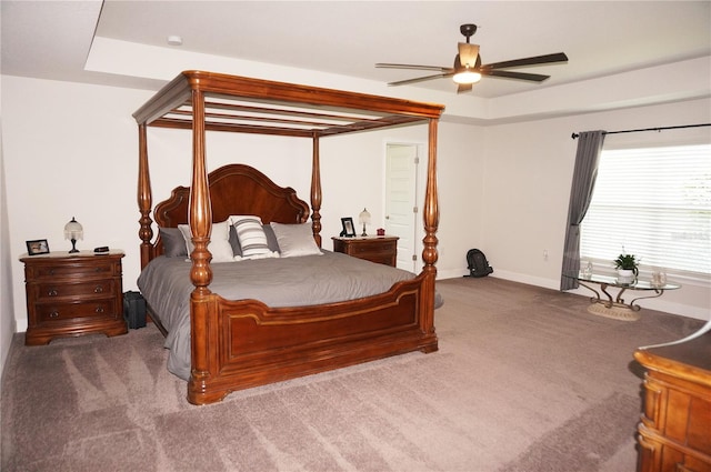 carpeted bedroom featuring a raised ceiling and ceiling fan