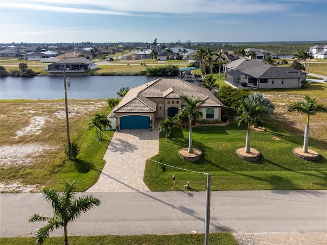 aerial view featuring a water view