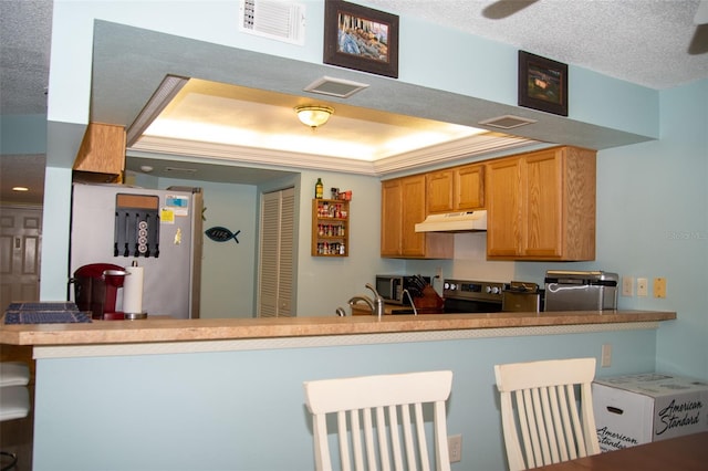 kitchen featuring sink, stainless steel appliances, kitchen peninsula, and a textured ceiling