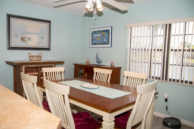 dining room featuring ceiling fan and a textured ceiling