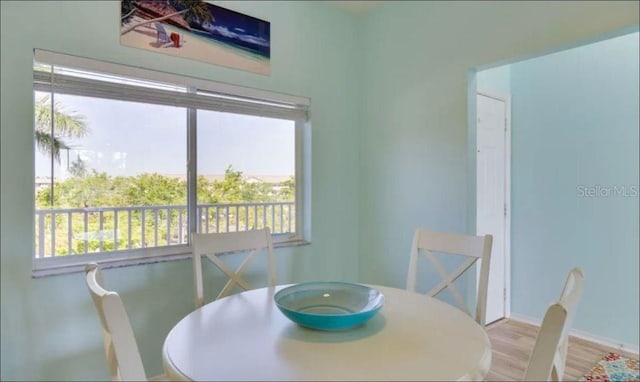 dining space with light hardwood / wood-style floors