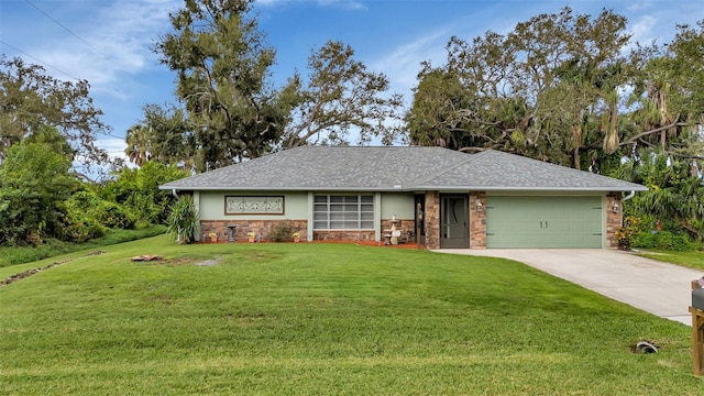 ranch-style home featuring a front lawn and a garage