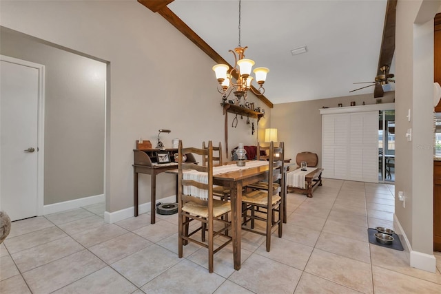 dining room featuring light tile flooring, lofted ceiling with beams, and ceiling fan with notable chandelier