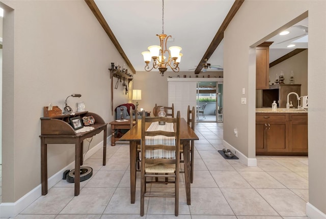 tiled dining room with beam ceiling, crown molding, sink, and ceiling fan with notable chandelier