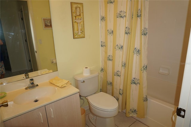 full bathroom featuring shower / bath combo, toilet, vanity, and tile flooring