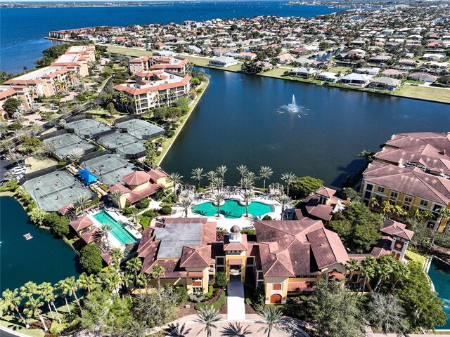 drone / aerial view with a water view