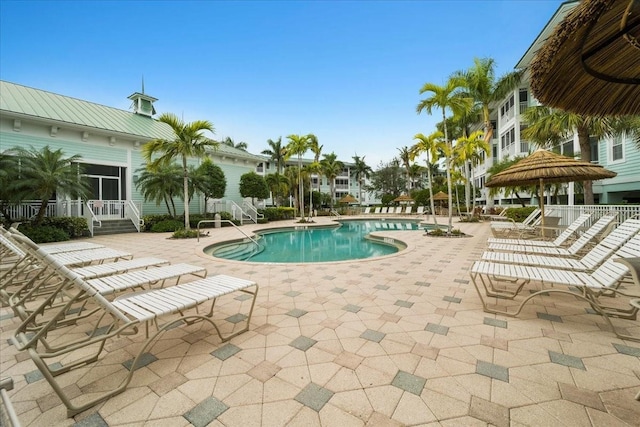 view of swimming pool featuring a patio area