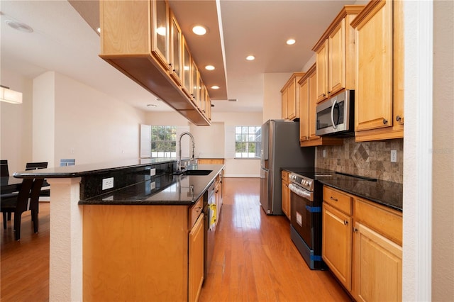 kitchen with appliances with stainless steel finishes, tasteful backsplash, dark stone counters, light hardwood / wood-style flooring, and sink