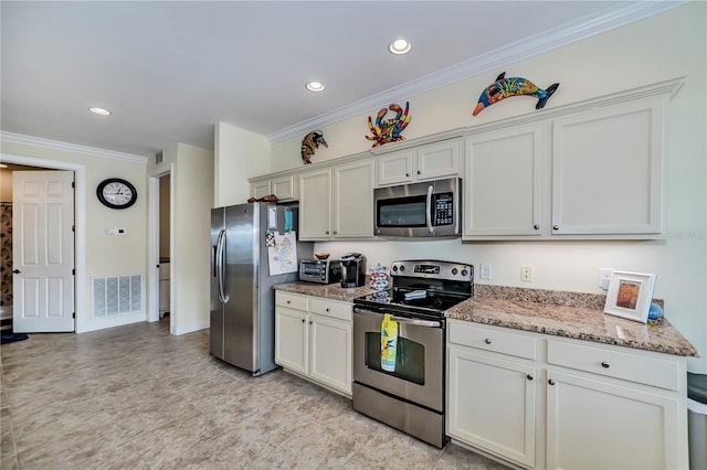 kitchen featuring stainless steel appliances, ornamental molding, white cabinets, and light stone counters