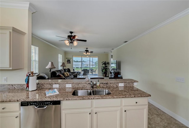 kitchen featuring white cabinetry, sink, stainless steel dishwasher, light stone counters, and crown molding