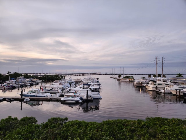 view of dock with a water view