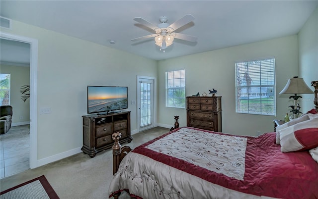 bedroom featuring carpet flooring, ceiling fan, and baseboards