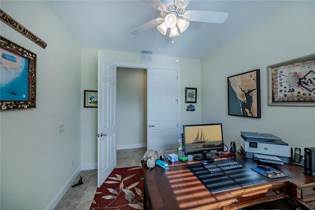 home office with visible vents, a ceiling fan, and baseboards