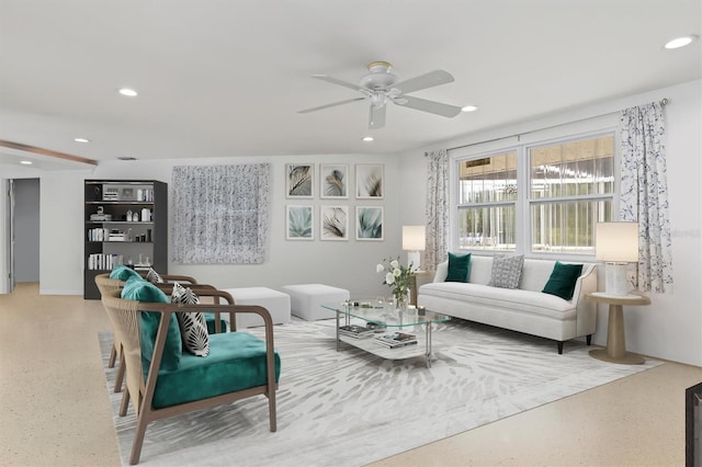 living room featuring ceiling fan