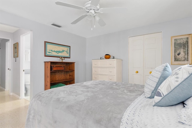 bedroom featuring connected bathroom, a closet, and ceiling fan