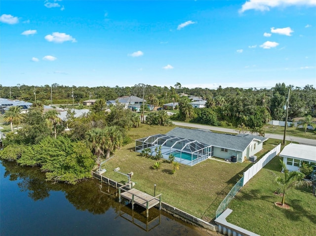 bird's eye view with a water view