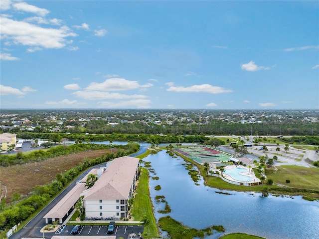 drone / aerial view featuring a water view