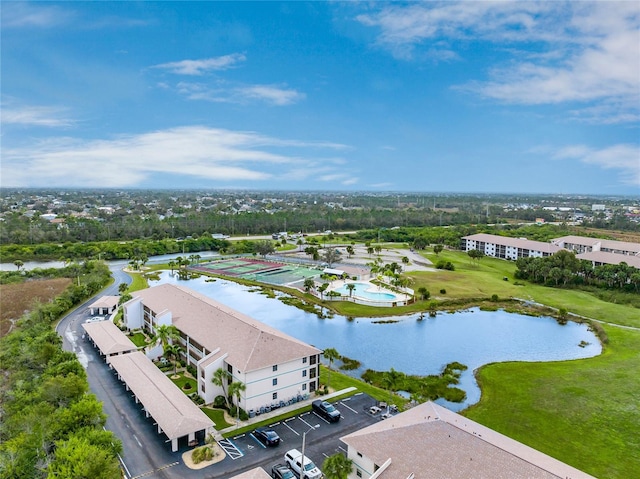 aerial view featuring a water view