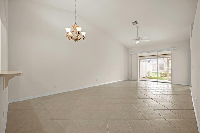 tiled empty room with ceiling fan with notable chandelier and lofted ceiling