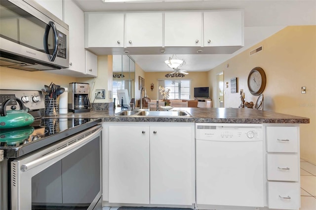 kitchen featuring electric stove, white cabinets, sink, dishwasher, and kitchen peninsula