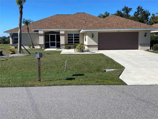 view of front of house featuring stucco siding, a shingled roof, an attached garage, driveway, and a front lawn