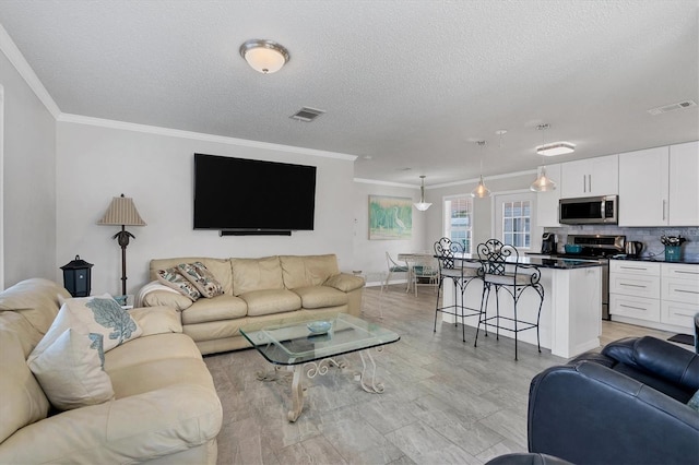 living room with a textured ceiling and crown molding