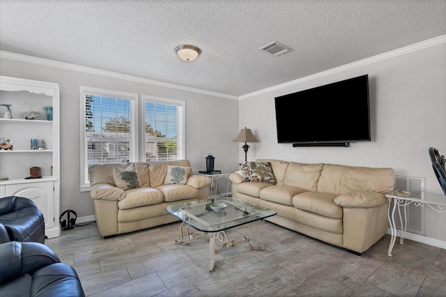 living room with ornamental molding and a textured ceiling