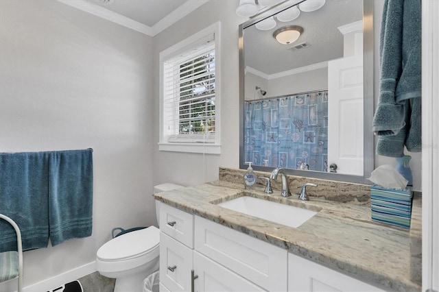 bathroom with ornamental molding, vanity, a textured ceiling, curtained shower, and toilet