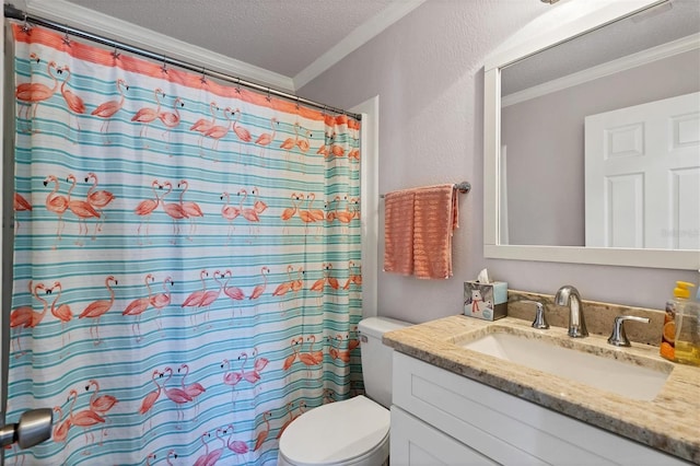 bathroom featuring walk in shower, ornamental molding, a textured ceiling, vanity, and toilet