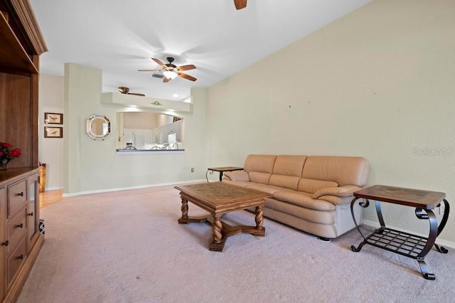 living room with ceiling fan and light colored carpet