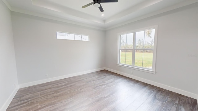 spare room featuring ceiling fan, plenty of natural light, a tray ceiling, and light wood-type flooring