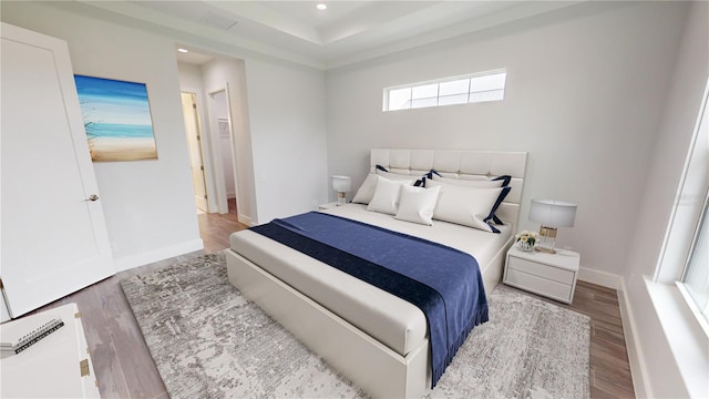 bedroom featuring a tray ceiling and hardwood / wood-style flooring