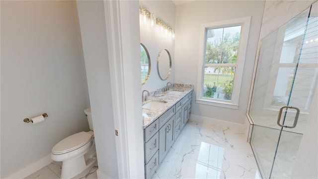 bathroom with toilet, a healthy amount of sunlight, an enclosed shower, and vanity