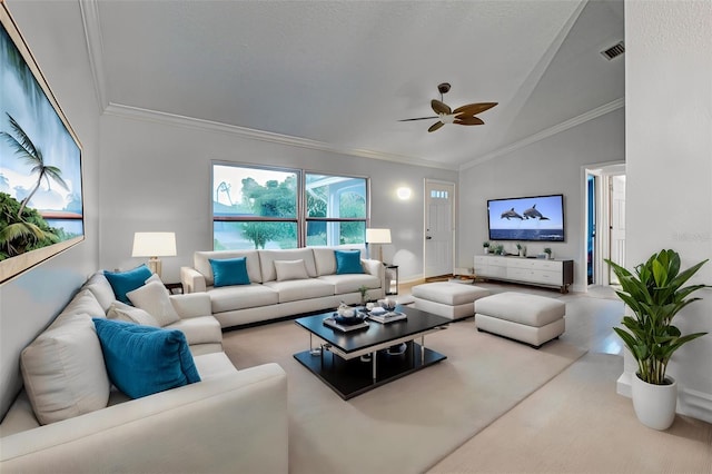 living room with high vaulted ceiling, ornamental molding, and ceiling fan