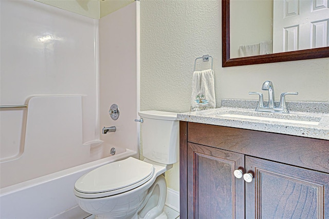 full bathroom featuring  shower combination, toilet, vanity, and tile flooring