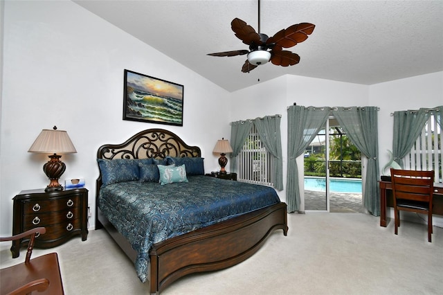 bedroom with ceiling fan, access to outside, light carpet, a textured ceiling, and lofted ceiling