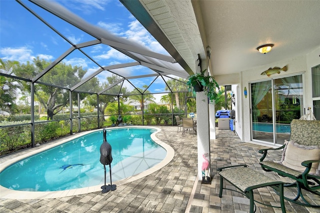 view of pool featuring a patio and a lanai