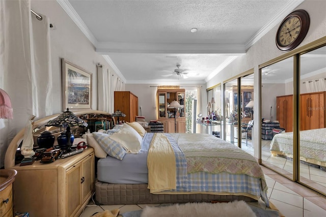 tiled bedroom with a textured ceiling, access to outside, ceiling fan, and crown molding