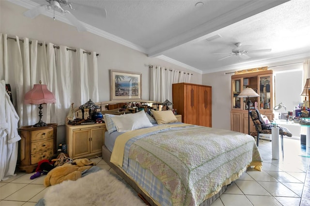 bedroom featuring a textured ceiling, ceiling fan, and light tile patterned flooring